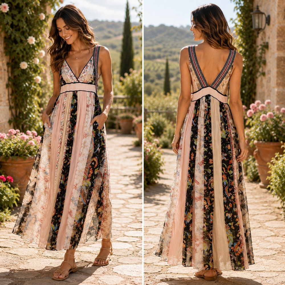 Altar'd State Patchwork Floral Maxi Dress Small Boho Sleeveless Pockets